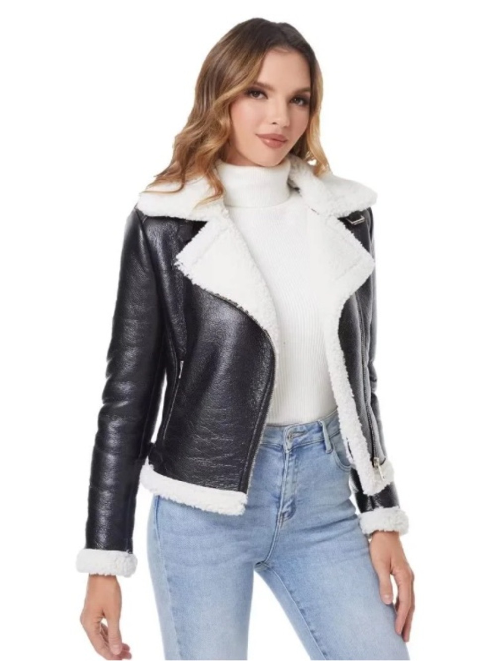 Faux Leather Sherpa Lined Slim Winter Coat Jacket Juniors / Woman's Size Small - Picture 3 of 16